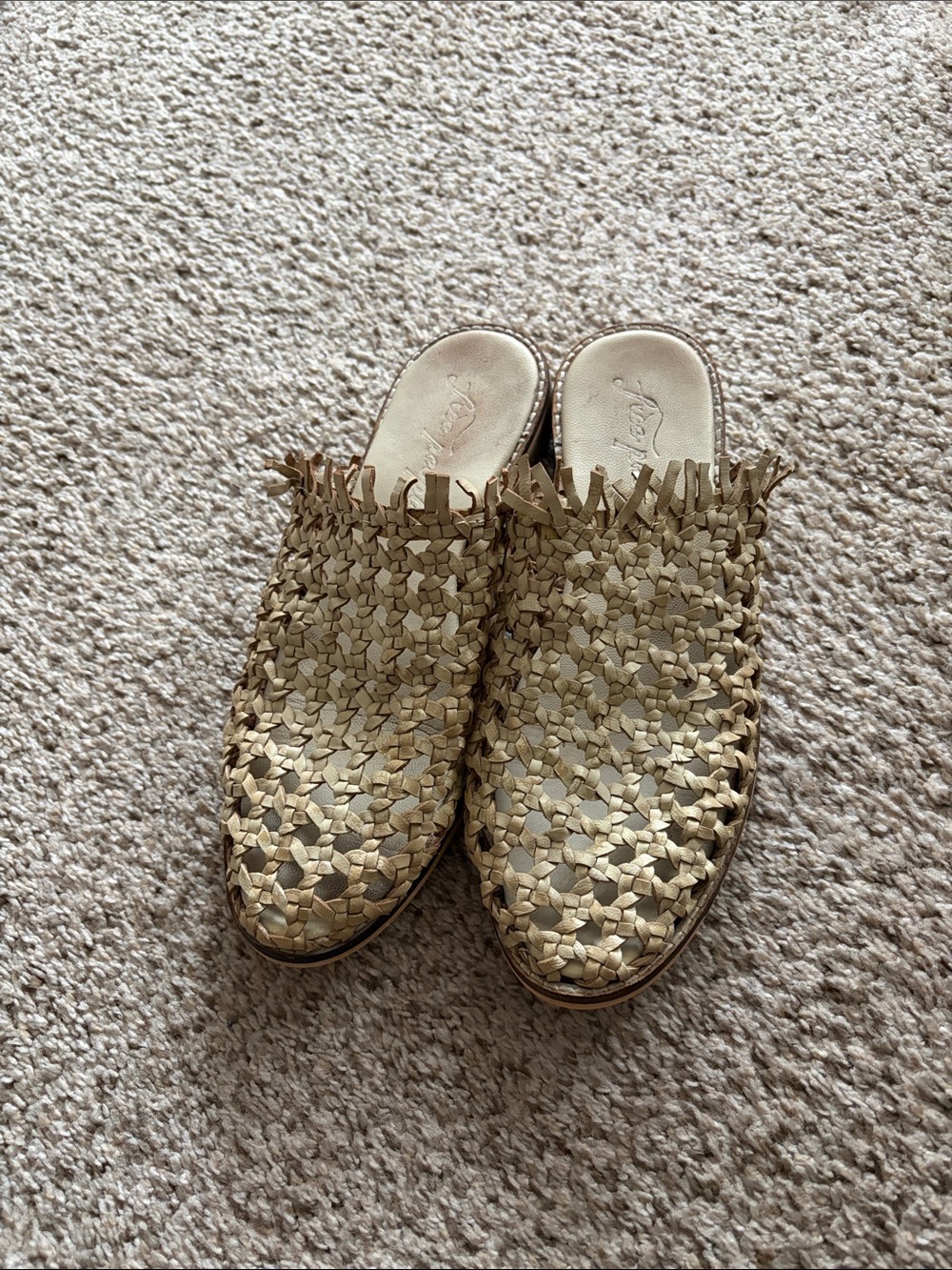 Free People Braided Fringe Backless Mules in Beige